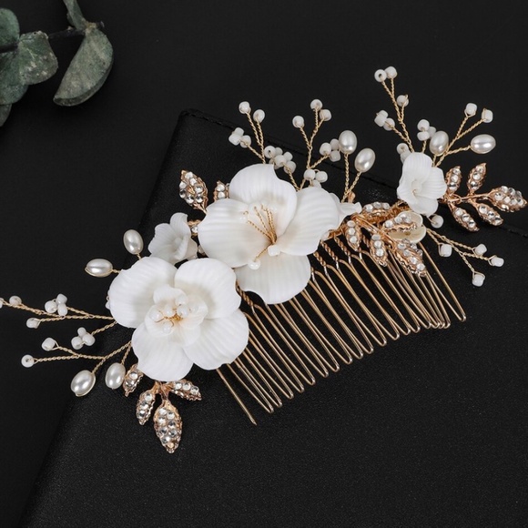 Pearl & Crystal Bridal Comb Floral Wedding Crystal Comb Bridal Headpiece Gold - Picture 2 of 3